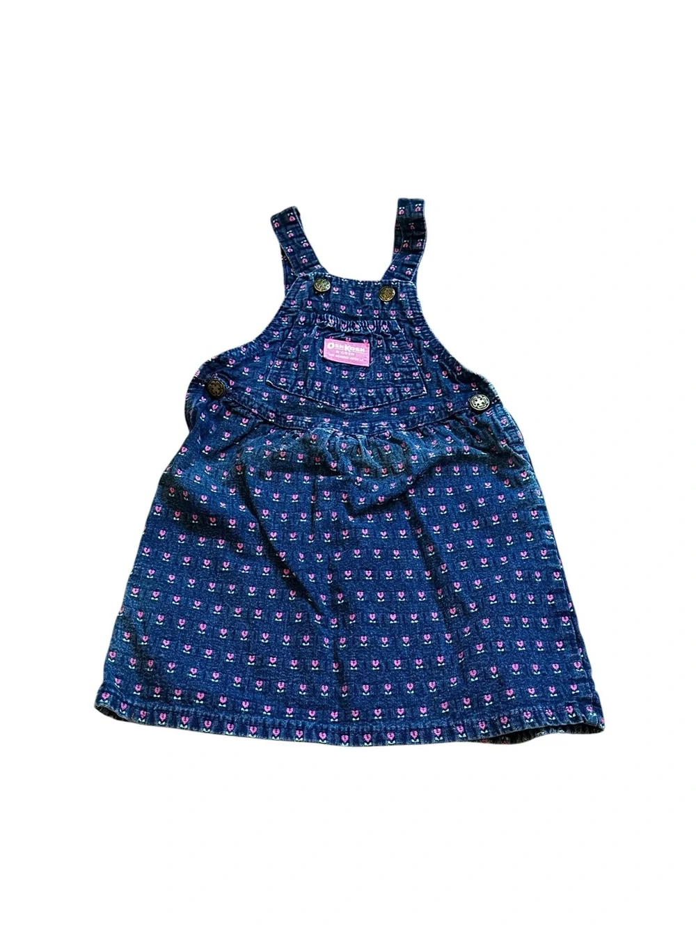 Vintage OshKosh B’Gosh Vestbak Denim Jumper Dress Pink Hearts Floral Union Made